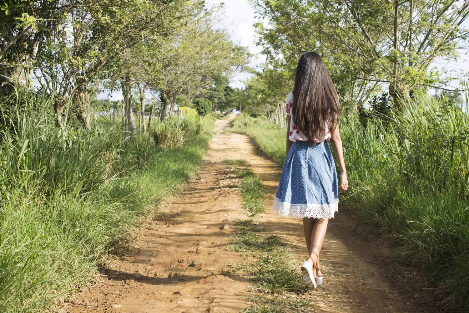 Back view of girl walking up path